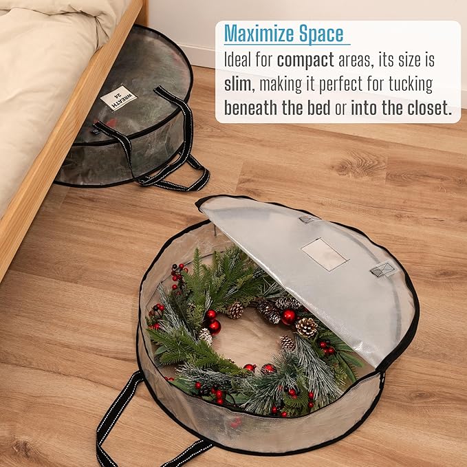 VENO 4 Pack Christmas Wreath Storage Container - 24 Inch Clear Wreath Bag, Christmas Garland and Holiday Decoration Organizers with Zipper and Durable Handles (Clear, 24"-4 Pack)