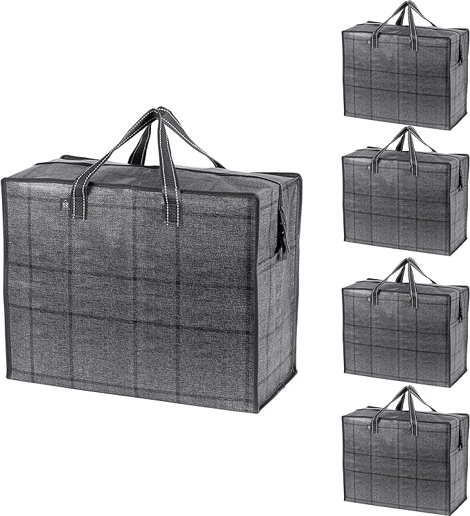 VENO 5 Pack Storage Moving Bags, Organizer Bag, Storage Tote, Zipper On Top, Sturdy, Carrying Bag, Camping Bag for Clothes, Bedding, Comforters, Pillows (13 Gallon Windowpane, 5 Pack)