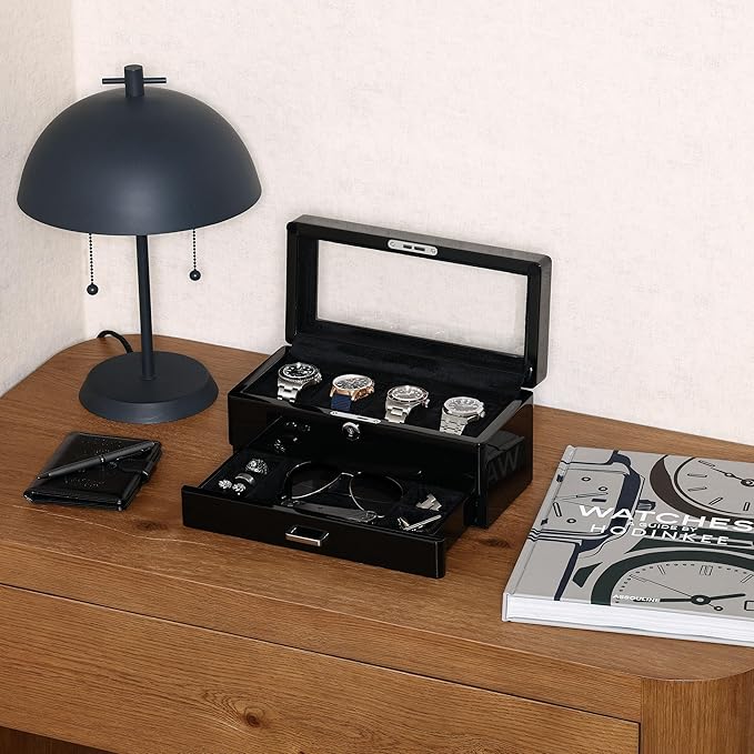 ROTHWELL 4-Slot Piano Black Watch Box with Valet Drawer - Premium Jewelry Display Case Organizer with Locking Glass Top and Microsuede Liner for Men & Women (Black Interior)
