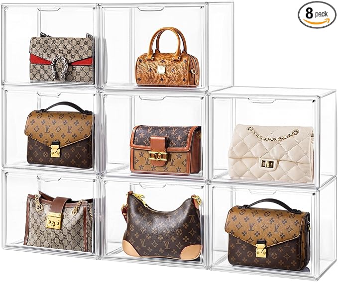 HBlife 8 Pack Purse Storage Organizer for Closet, Large Clear Stackable Handbag Display Case Box with Magnetic Door for Collectibles, Cosmetics, Women Heels and Toys