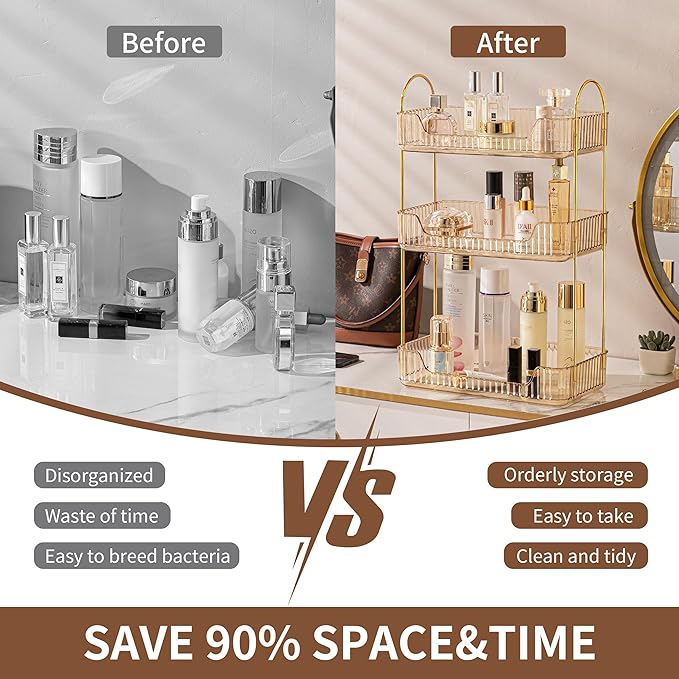 3 Tier Bathroom Organizer Countertop Makeup Perfume Tray Skincare Organizer for Bathroom Dresser Vanity (Gold)