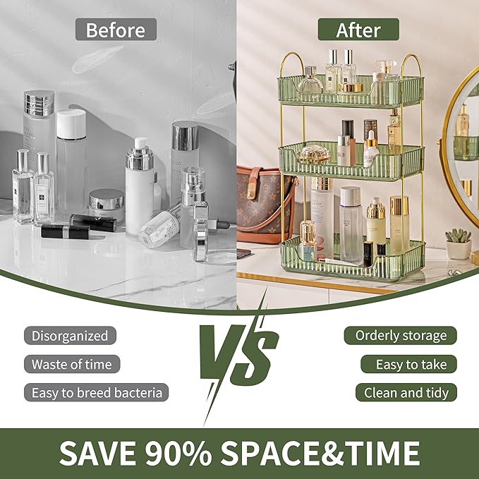 3 Tier Bathroom Organizer Countertop Makeup Perfume Tray Skincare Organizer for Bathroom Dresser Vanity (Green)