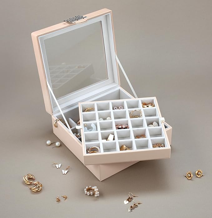 Glenor Co Earring Organizer - Classic 50 Section Jewelry Box/Case/Holder for Earrings, Rings, Necklaces, Jewelry, Cufflinks or Collections -2 Layer Small Compartments with Large Glass Top - Sand