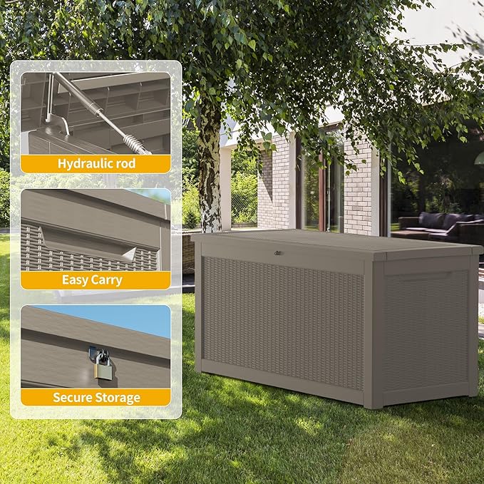 320 Gallon Lockable Resin Deck Box, Waterproof & UV-Resistant Outdoor Storage Box for Outdoor Cushion Storage, Garden Tools Accessories Storage, Gray