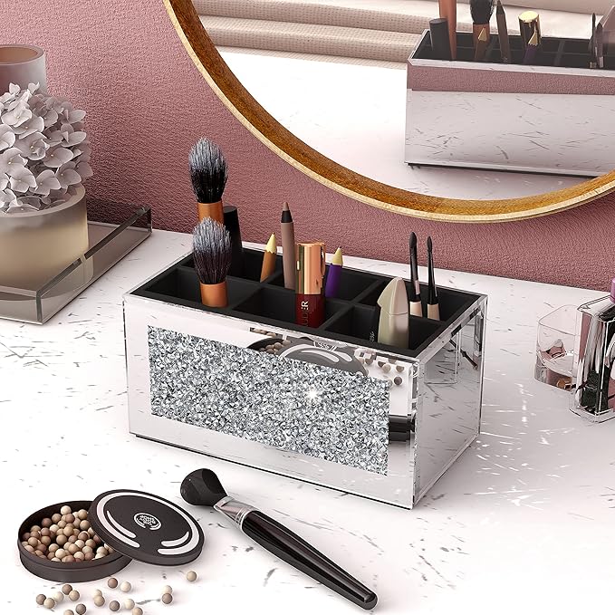SHYFOY Makeup Brush Holder Organizer with Crushed Diamond 6 Slot Mirrored Make up Cosmetics Organizers and Storage for Vanity Countertop