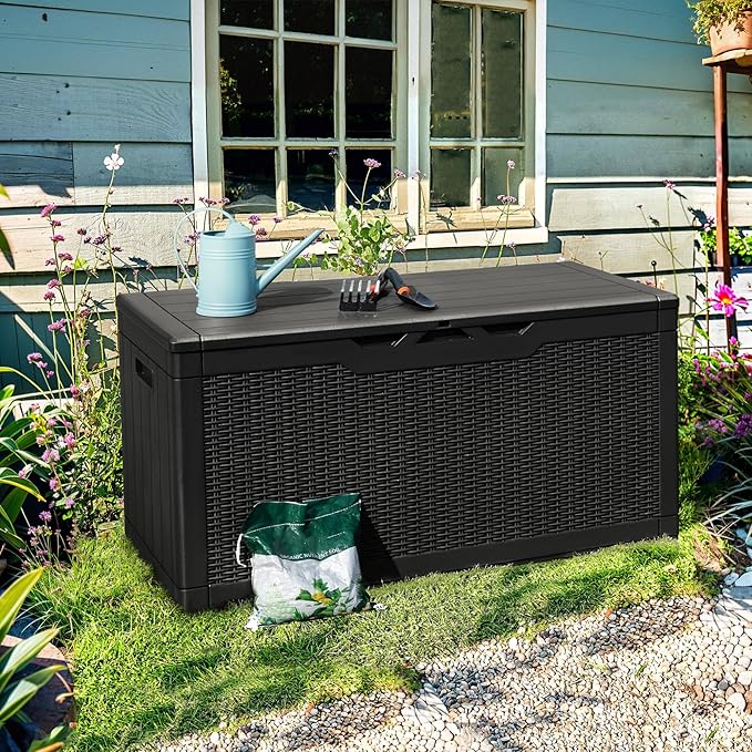 Homall 100 Gallon Deck Box Large Resin Waterproof Outdoor Storage Box with Padlock and Built-in Handles Storage Container for Cushions, Toys and Garden Tools (Black)