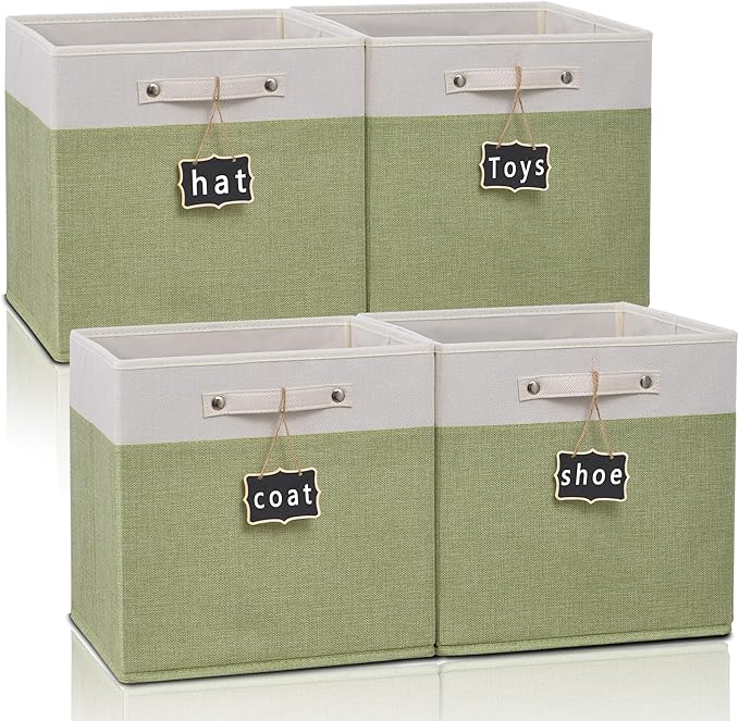 11 inch cube storage bin,Collapsible Fabric Storage Cubes with Labels 4 Pack,Linen Cube Storage Organizer Bins with Cotton Handles for Home,Nursery,Clothes,Cabinet, Shelves and Closet(White green).