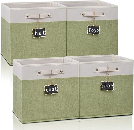 12 x 12 storage cubes,Collapsible Fabric Storage Cubes with Labels 4 Pack,Linen Cube Storage Organizer Bins with Cotton Handles for Home,Nursery,Clothes,Cabinet, Shelves and Closet(White green).