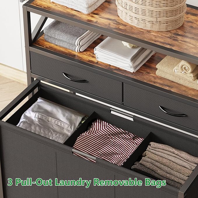 Laundry Hamper 3 Section, 150L Rolling Laundry Sorter Basket with 2 Shelves and 2 Drawers, 3 Compartment Clothes Organizer Cart with Wheels, Pull-Out Bags for Laundry Room, Bathroom, Bedroom