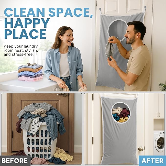 Hanging Laundry Hamper Bag XL, Space Saving over the Door Storage Bags, Behind the Door Hampers for Dirty Clothes & Wall Mounted Basket for Bathroom (Grey, Single Compartment)