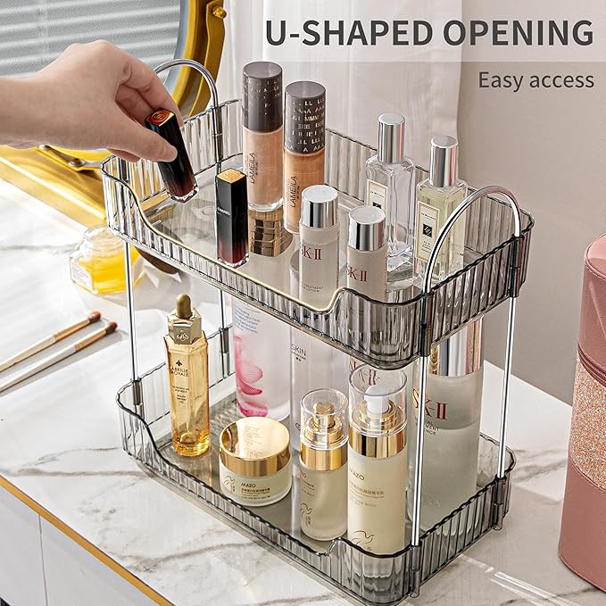 2 Tier Bathroom Organizer Countertop Makeup Perfume Tray Skincare Organizer for Bathroom Dresser Vanity (Grey)
