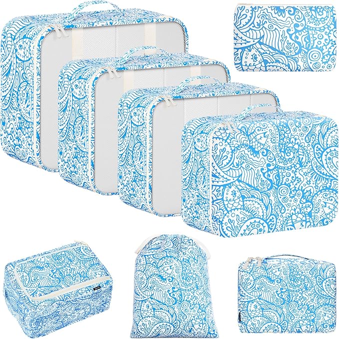 BAGAIL 8 Set Packing Cubes Luggage Packing Organizer Bags for Travel Accessories-Blue paisley