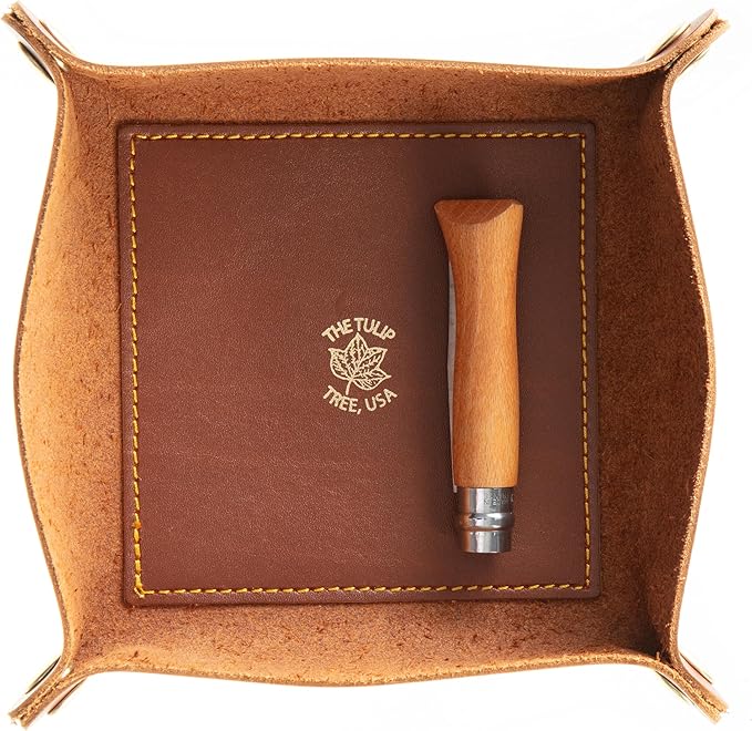 USA Handmade Premium Leather Valet Tray, Folds Flat! Dice Rolling Basket and Organizer with Brass Snaps (Chestnut Gold, Medium)