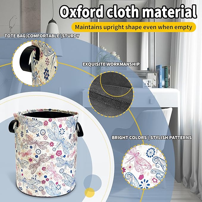 Dragonfly Laundry Basket Flowers Foldable Oxford Cloth Funny Tote Bag Laundry Hamper Clothes Storage Bucket Toy Organizer For Bathroom/Laundry Storage/Bedroom 18.9x16.5 Inch