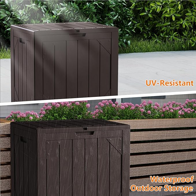 31 Gallon Resin Deck Box Waterproof Outdoor Storage Box for Patio Furniture Pool Accessories Indoor Storage for Cushion Garden Tools, Brown