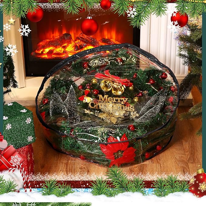 Shappy 4 Pieces Christmas Wreath Storage Container 30 Inch Wreath Plastic Storage Bags with Dual Zippers and Handles for Xmas Thanksgiving Holiday Artificial (Clear,Black)