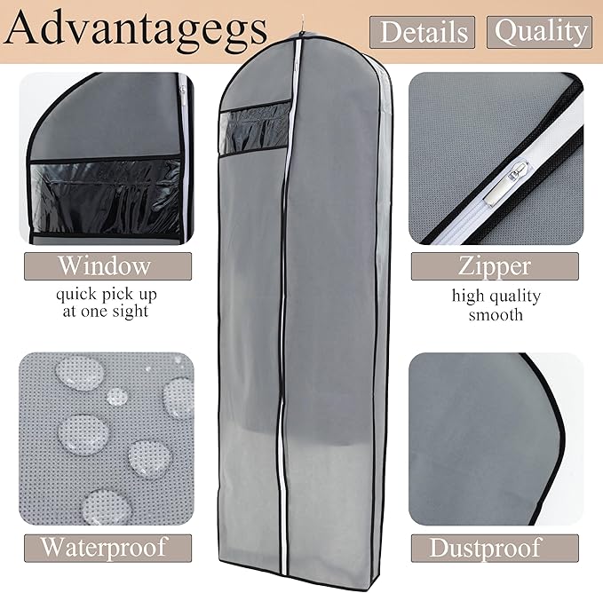 Dress Bags for Gowns Long, 2 Packs 65" Garment Bags for Hanging Clothes, 4" Gusseted Clothing Bags for Closet Storage and Travel, Suit Bags for Coats, Jackets, Shirts and Sweater (2)