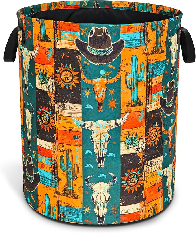 Western Cattle Skull Laundry Basket Cow Oxford Cloth Laundry Hamper Funny With Handle Foldable Portable Clothes Storage Basket 18.9 X 16.5 Storage Bag For Laundry Room/Bathroom/Bedroom/Dormitories