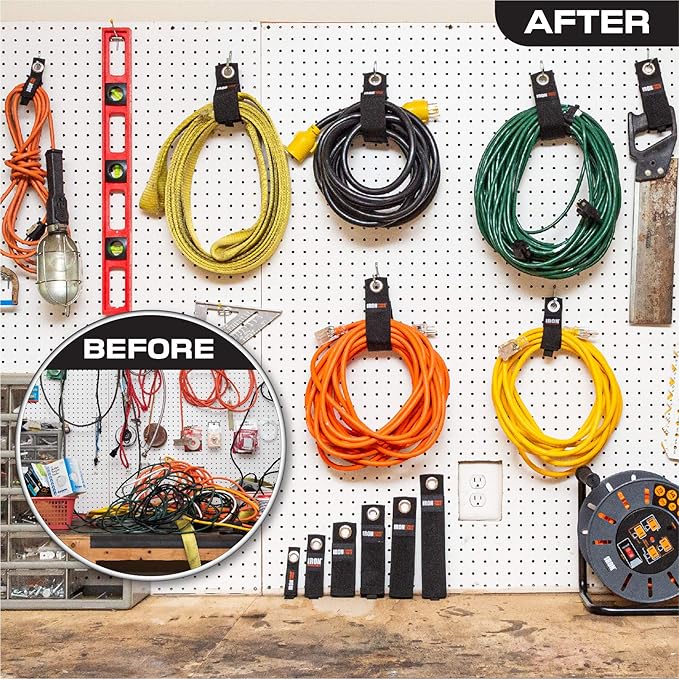 Iron Forge Cable Extension Cord Wrap Organizer, 12 Piece Multi-Pack - 3 Pieces of Small, Medium, Large, and XL Hook and Loop Hanger Wraps Up to 50 lbs
