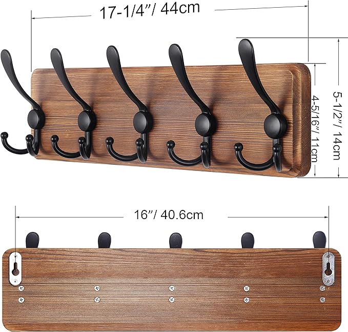 SKOLOO Rustic Wall Mounted Coat Rack: 16" Hole to Hole, Pine Real Wood Plank Wall Coat Rack with 5 Triple Hooks, Farmhouse Coat Hanger Wall Mount for Hanging Backpack Jacket Coat Hat