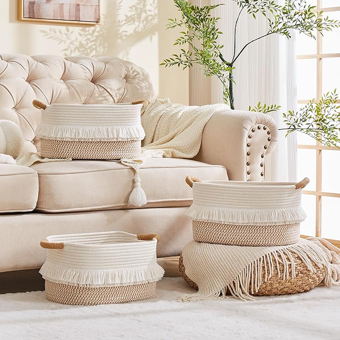 Storage Bins Woven Baskets for Storage Set of 3, Cotton Rope Basket with Handles for Toys/Shelves/Laundry, Rectangle Multi-Purpose Organizer for Living Room, Bedroom, Nursery (White/Brown)