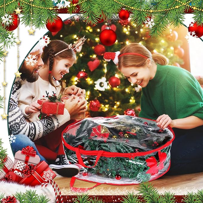Shappy 4 Pieces Clear Christmas Wreath Storage Container 24 Inches Xmas Wreath Storage Bag Plastic Christmas Garland Container with Dual Zippers and Reinforced Handles for Xmas Seasonal (Red)