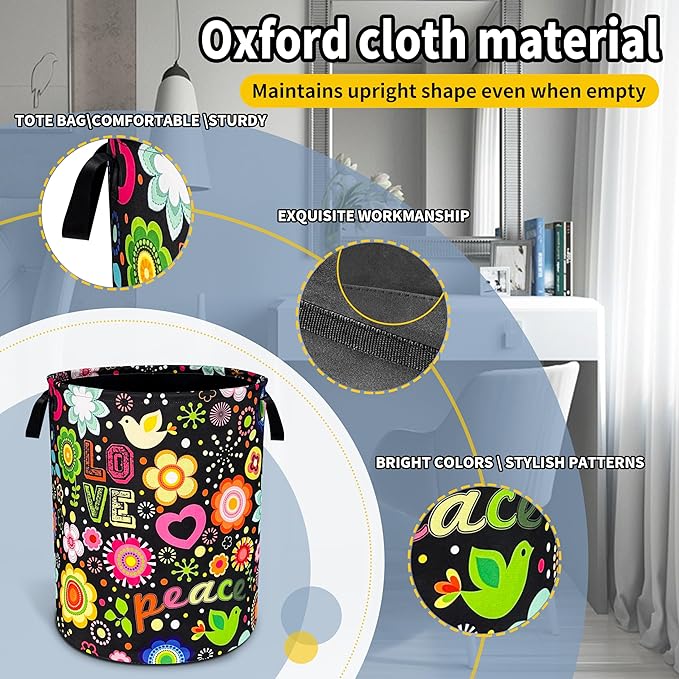 Peace Hippie Flower Laundry Basket Foldable Oxford Cloth Funny Tote Bag Laundry Hamper Clothes Storage Bucket Toy Organizer For Bathroom/Laundry Storage/Bedroom 18.9x16.5 Inch