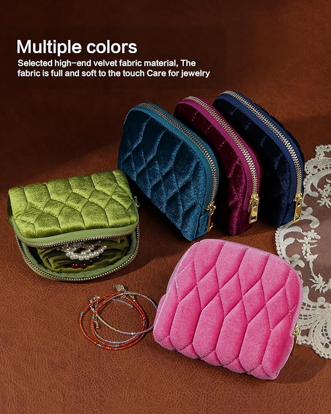 Small Travel Jewelry Case, Mini Travel Jewelry Bag with Zipper, 5-Layer Velvet Organizer Pouch for Bracelet Rings Earrings - Diamond Stitched Velvet Rose Purple