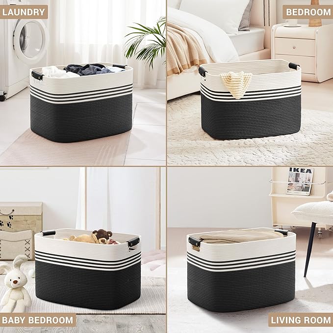 100L Extra Large Laundry Basket with Leather Handles for Living Room Storage, Woven Rope Baskets for Blanket, Kids Toy, Gifts, Wicker Hamper for Bedroom Dirty Clothes, 24"x16"x16" White Black
