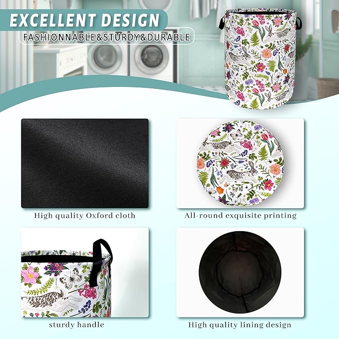 Cute Rabbit Laundry Hamper Foldable With Handles Animal Flower Tote Bag Universal Oxford Cloth Colorful Laundry Basket Clothe Toy Storage Bucket 18.9"x16.5"For Bathroom/Laundry/Bedroom