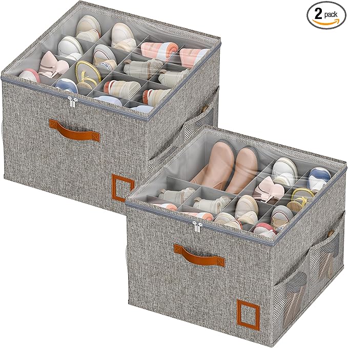 Shoe Organizer for Closet, 2 Pack Foldable Shoe Storage Organizer Box with Adjustable Dividers and Clear Cover, Space Saving Shoe Box with Reinforced Handles, Fits 16-32 Pairs, Gray