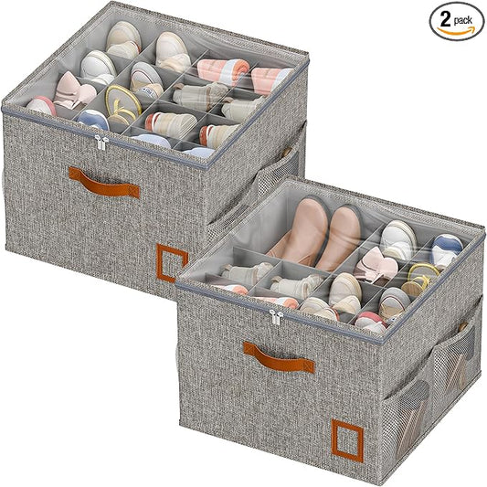 Shoe Organizer for Closet, 2 Pack Foldable Shoe Storage Organizer Box with Adjustable Dividers and Clear Cover, Space Saving Shoe Box with Reinforced Handles, Fits 16-32 Pairs, Gray