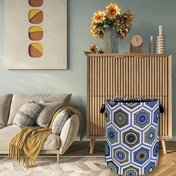 Boho Blue Green Mandala Tile Laundry Hamper Foldable With Handles Colorful Tote Bag Oxford Cloth Laundry Basket Clothes Toy Storage Bucket 18.9" x 16.5" For Bathroom/Laundry/Bedroom