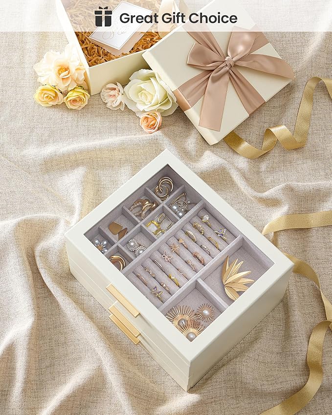 Lolalet Jewelry Box, Clear Window Wood Grain Jewelry Storage for Earrings Bracelets Necklaces Rings, High Capacity Organizer for Women -Beige, 3 Layers