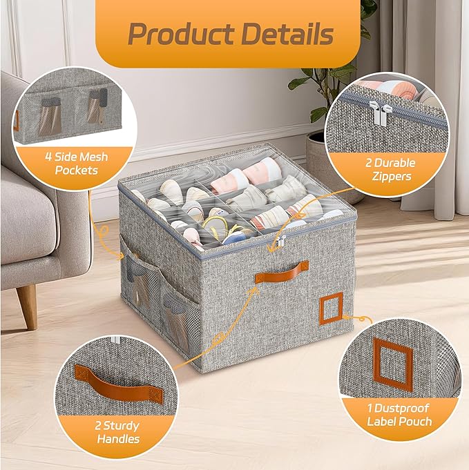 Shoe Organizer for Closet, 2 Pack Foldable Shoe Storage Organizer Box with Adjustable Dividers and Clear Cover, Space Saving Shoe Box with Reinforced Handles, Fits 16-32 Pairs, Gray