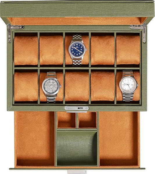 ROTHWELL 10-Slot Watch Box in Leather with Valet Drawer, Luxury Watch Case Display Organizer with Ultra Soft Microsuede Liner, Jewelry and Sunglass Holder With Large Glass top (Green/Tan)
