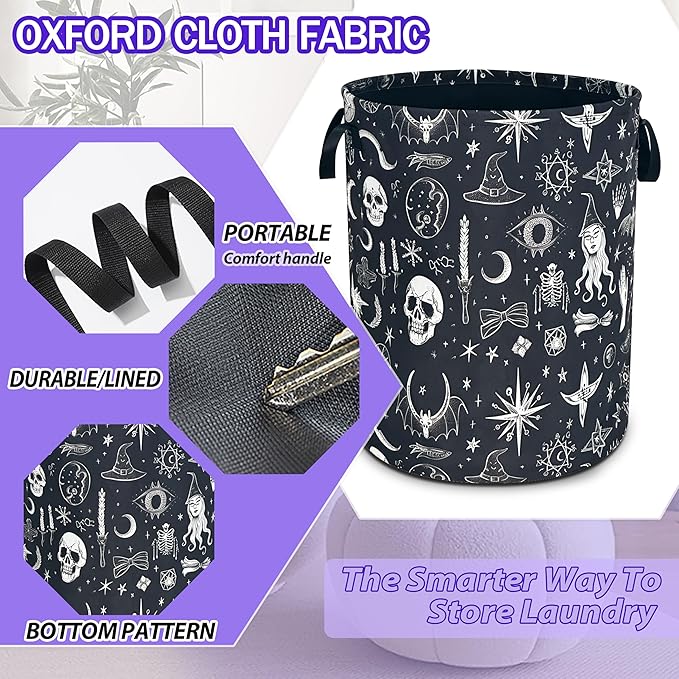 Witch Gothic Laundry Basket Skull Magic Oxford Cloth Laundry Hamper Funny With Handle Foldable Portable Clothes Storage Basket 18.9 X 16.5 In Storage Bag For Laundry Room/Bathroom/Bedroom/Dormitories