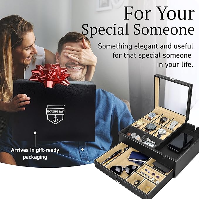 HOUNDSBAY Commander Dresser Valet Watch Box Case & Mens Jewelry Box Organizer with Smartphone Charging Station and Cufflink Box (Black/Ivory)
