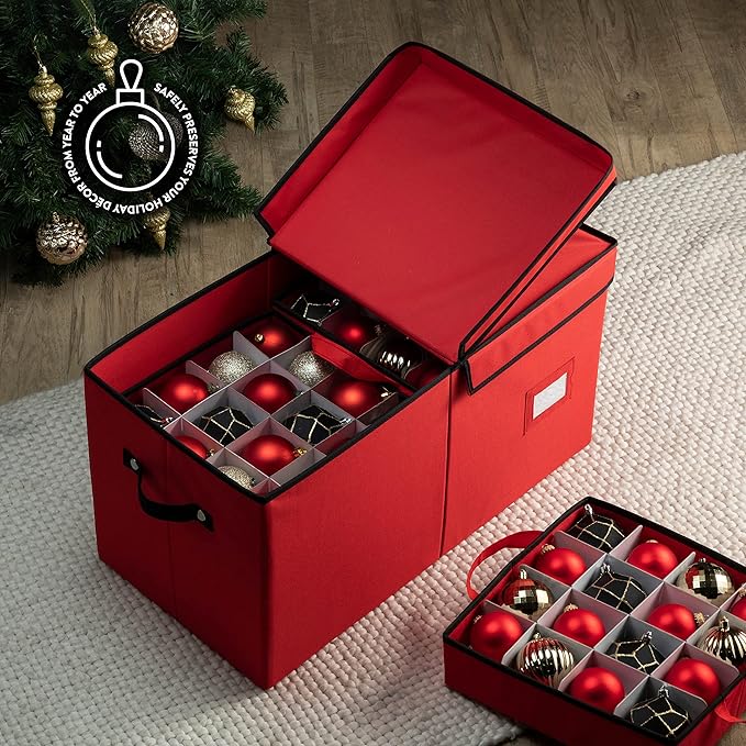 ZOBER Christmas Ornament Storage Box - Stores 128 3" Ornaments with Individual Trays - Tear Proof 600D Oxford Fabric - ornament organizer storage box, Durable Christmas Containers Holder - Red