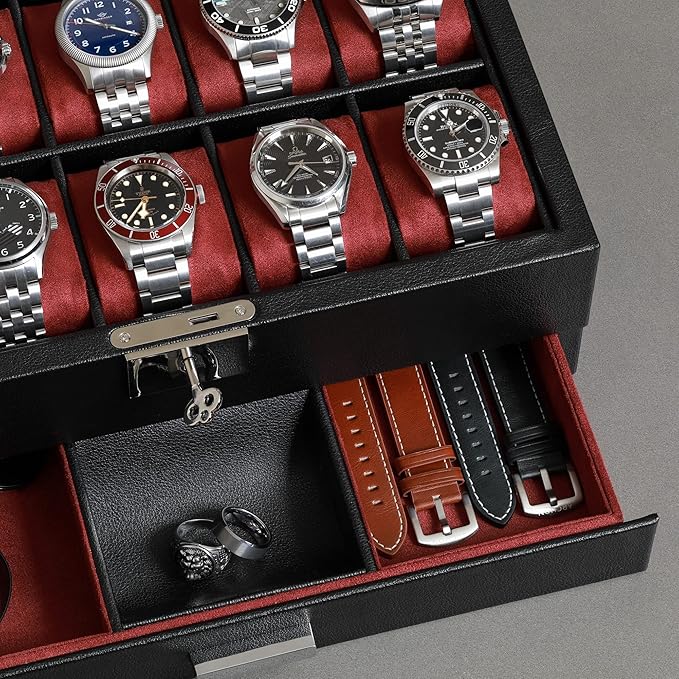 ROTHWELL 10-Slot Watch Box in Leather with Valet Drawer, Luxury Watch Case Display Organizer with Ultra Soft Microsuede Liner, Jewelry and Sunglass Holder With Large Glass top (Black/Red)