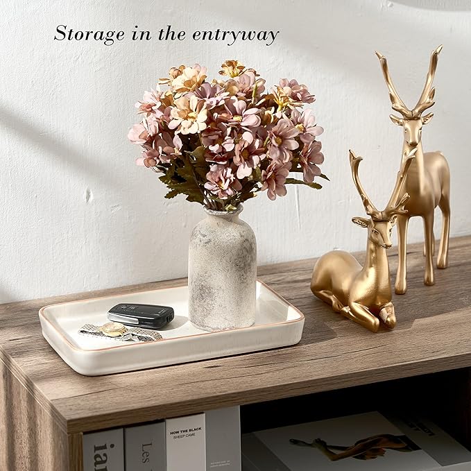 10"×6"×1" Bathroom Vanity Tray for Countertop- Ceramic Decorative Organizer Tray for Dresser Tops, Toilet, Perfume, Sponge Holder Soap Dish Dispenser for Kitchen Counter- Reactive White