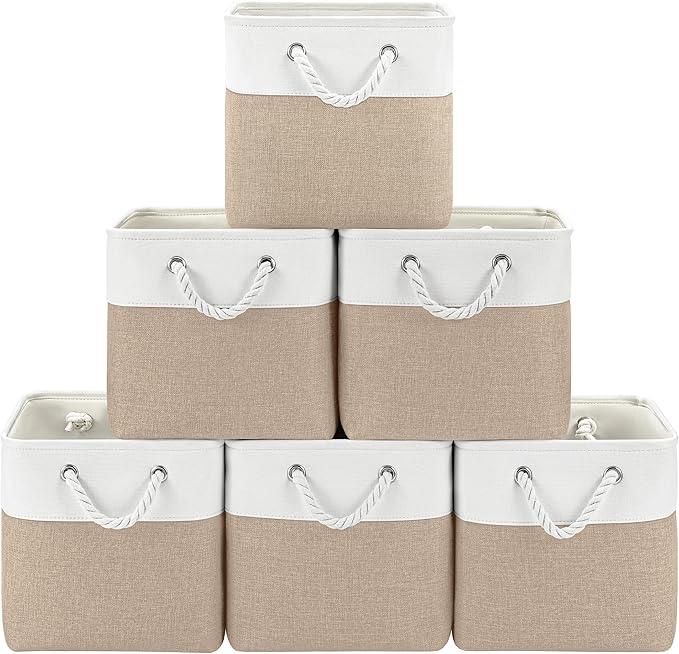 11 Inch Storage Cubes 6-Pack, Foldable Fabric Organizer Bins with Rope Handles, Cube Storage Baskets for Closet Shelves and Home Organization(White/Khaki)