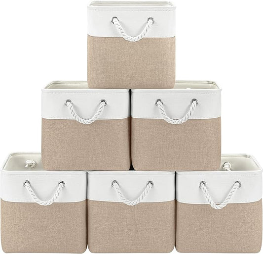 11 Inch Storage Cubes 6-Pack, Foldable Fabric Organizer Bins with Rope Handles, Cube Storage Baskets for Closet Shelves and Home Organization(White/Khaki)