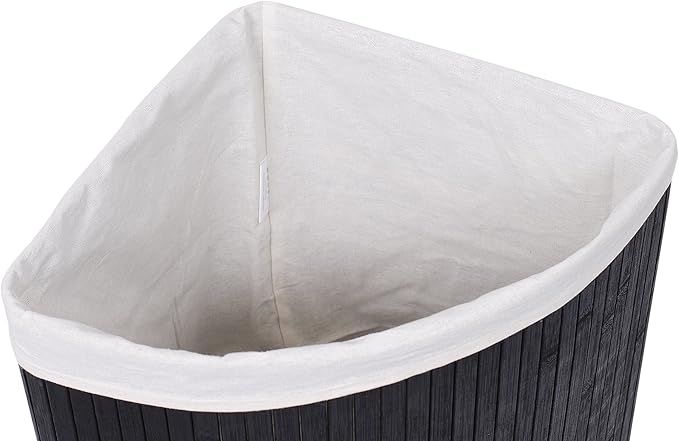 BirdRock Home Corner Laundry Hamper with Lid and Cloth Liner - Bamboo - Black - Easily Transport Laundry Basket - Collapsible Hamper - String Handles