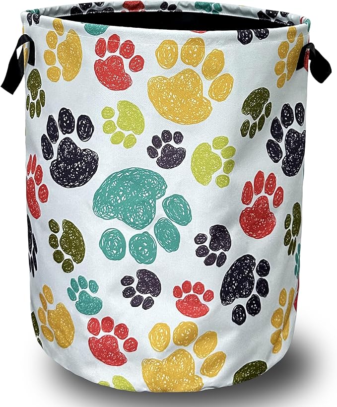 Colorful Dog Paw Laundry Basket With Handles Oxford Cloth Tote Bag Animal Laundry Hamper 18.9" x 16.5" Foldable Clothes Storage Bucket Toy Organizer For Bathroom/Laundry/Bedroom