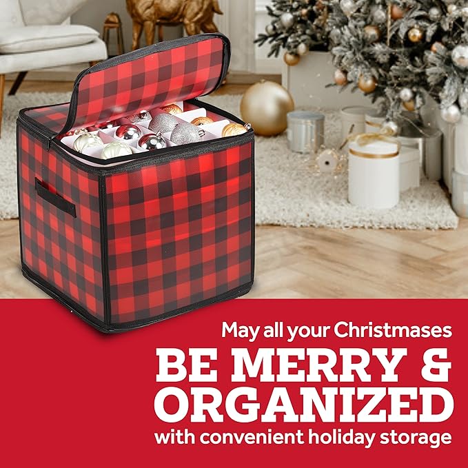 ZOBER Christmas Ornament Storage Box Plastic - Stores 64 3" Ornaments with Individual Trays - Ornament Organizer Storage Box, Durable Christmas Containers Holder - Plaid