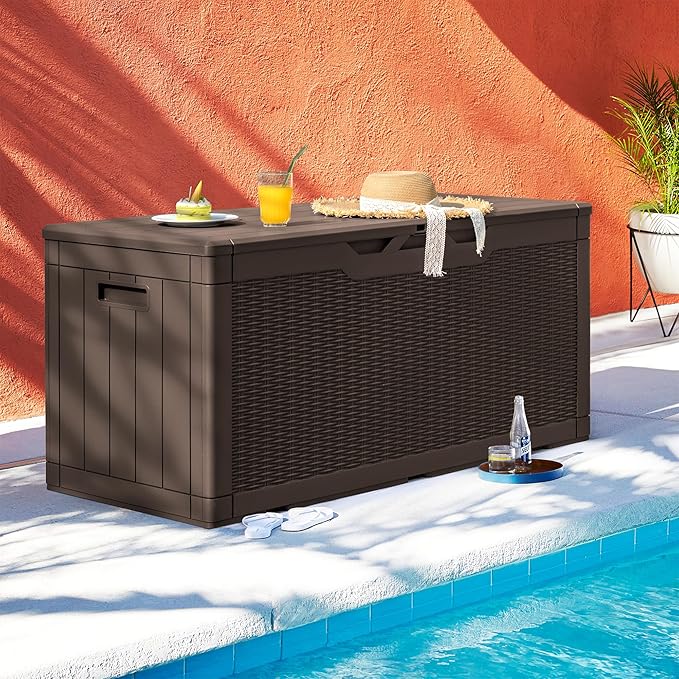 Homall 100 Gallon Deck Box Large Resin Waterproof Outdoor Storage Box with Padlock and Built-in Handles Storage Container for Cushions, Toys and Garden Tools (Deep Brown)