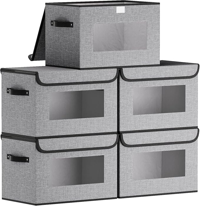 Fabric Storage Bins with Lids, Decorative Storage Boxes, 15 x 9.8 x 9.8 Inch Closet Organizers for Shelves with Handles, Gray, 5-Pack