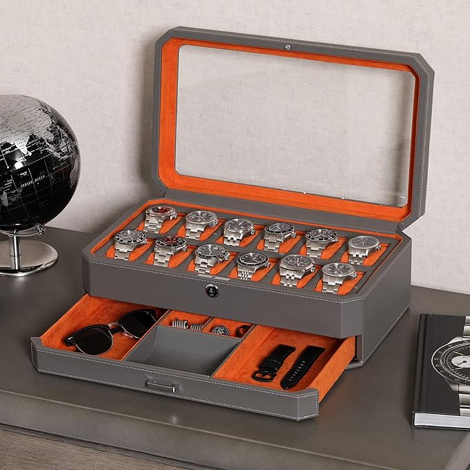 ROTHWELL 12 Slot Leather Watch Box with Valet Drawer - 12 Slot Luxury Watch Case Display Organizer, Microsuede Liner, Mens Accessories Holder, Jewelry Case, Jewelry Display Organizer (Grey/Orange)