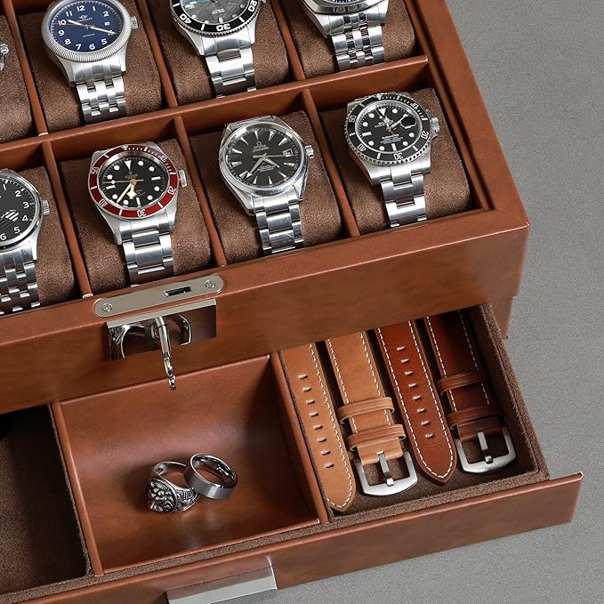 ROTHWELL 10-Slot Watch Box in Leather with Valet Drawer, Luxury Watch Case Display Organizer with Ultra Soft Microsuede Liner, Jewelry and Sunglass Holder With Large Glass top (Tan/Brown)